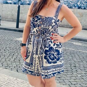 FARM Rio Blue and White Floral Jumpsuit large -worn once